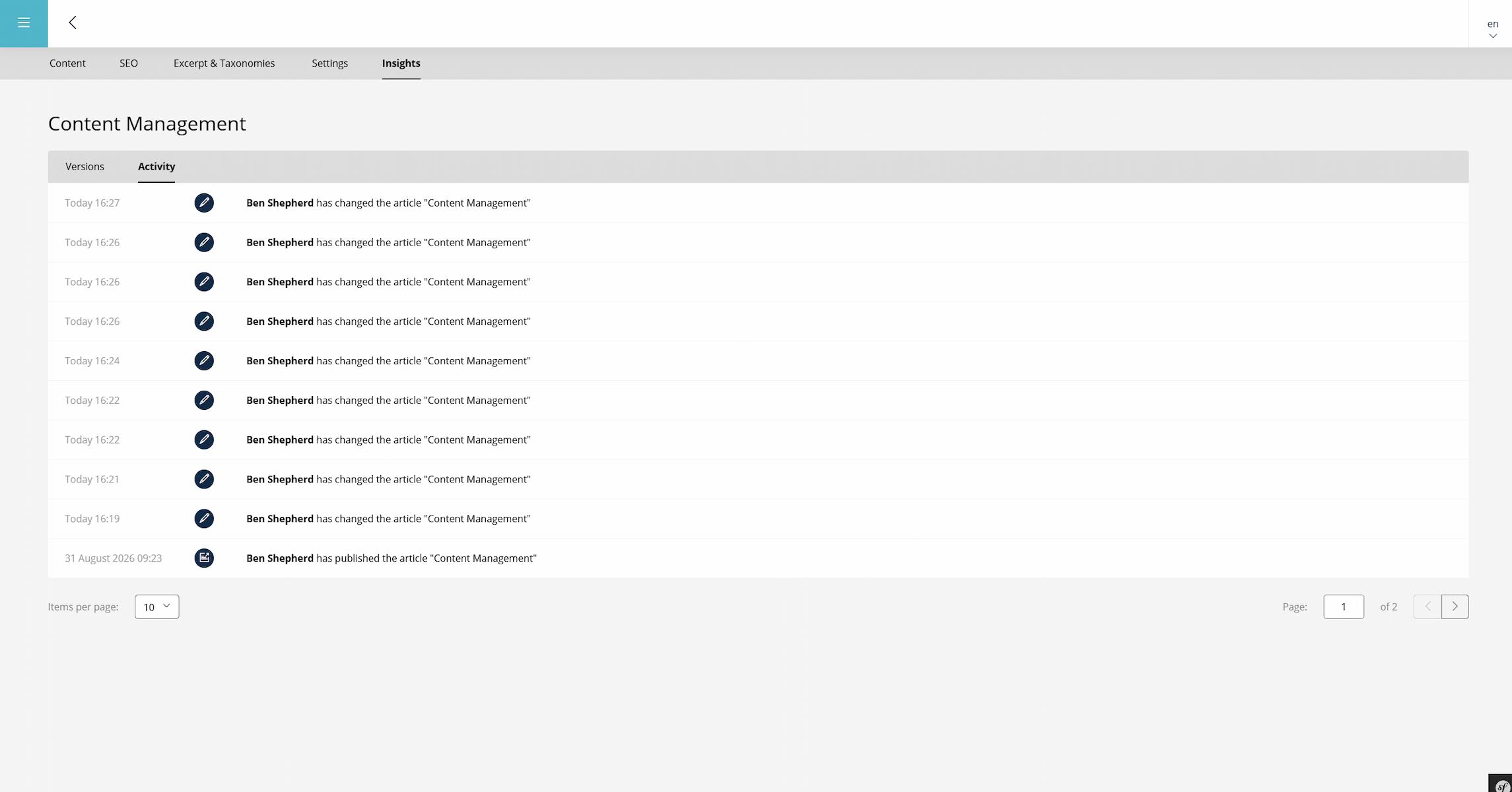 A screenshot of Sulu's dashboard showing recent activity