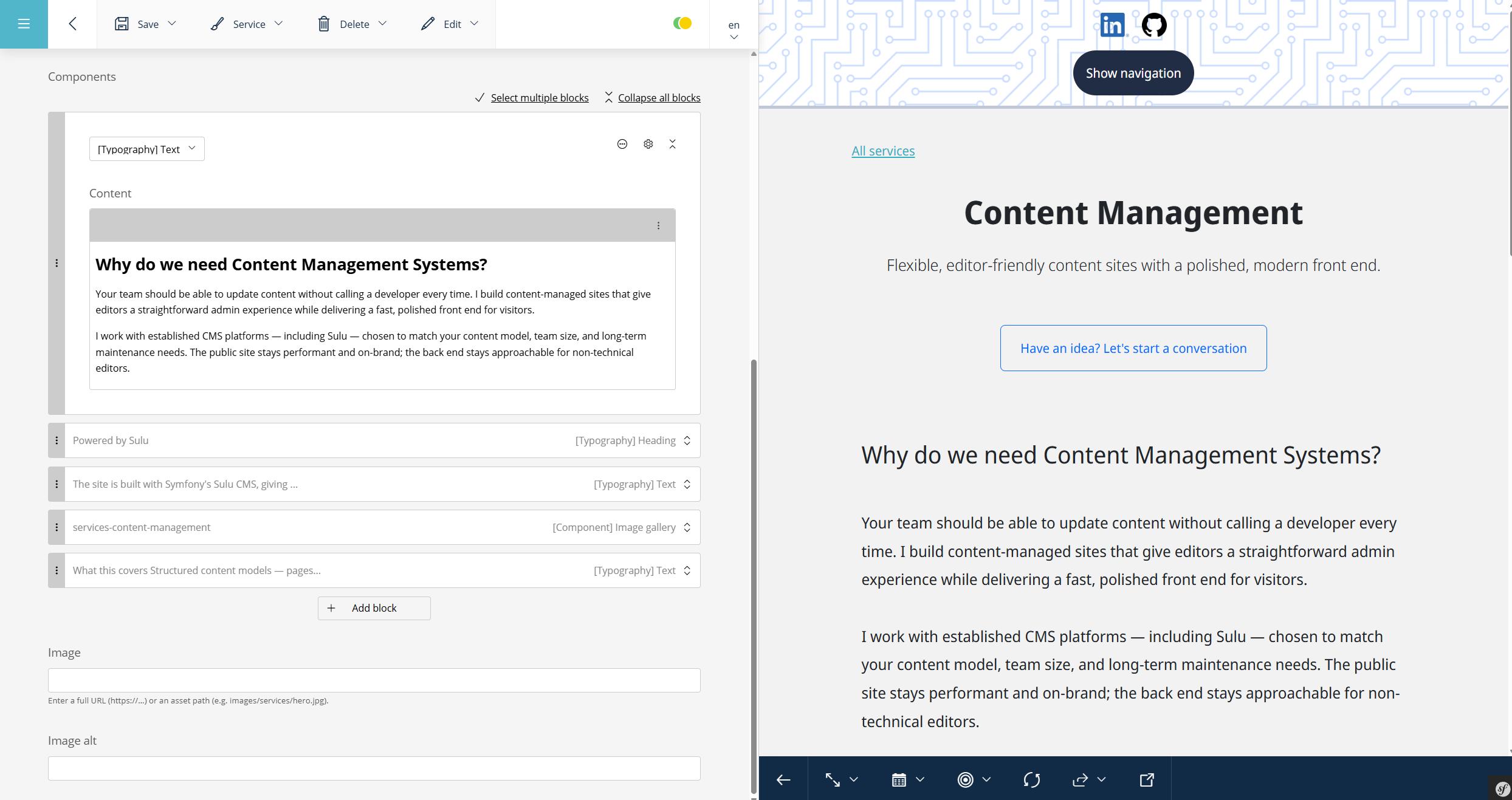 A screenshot of Sulu's dashboard showing how to edit a page