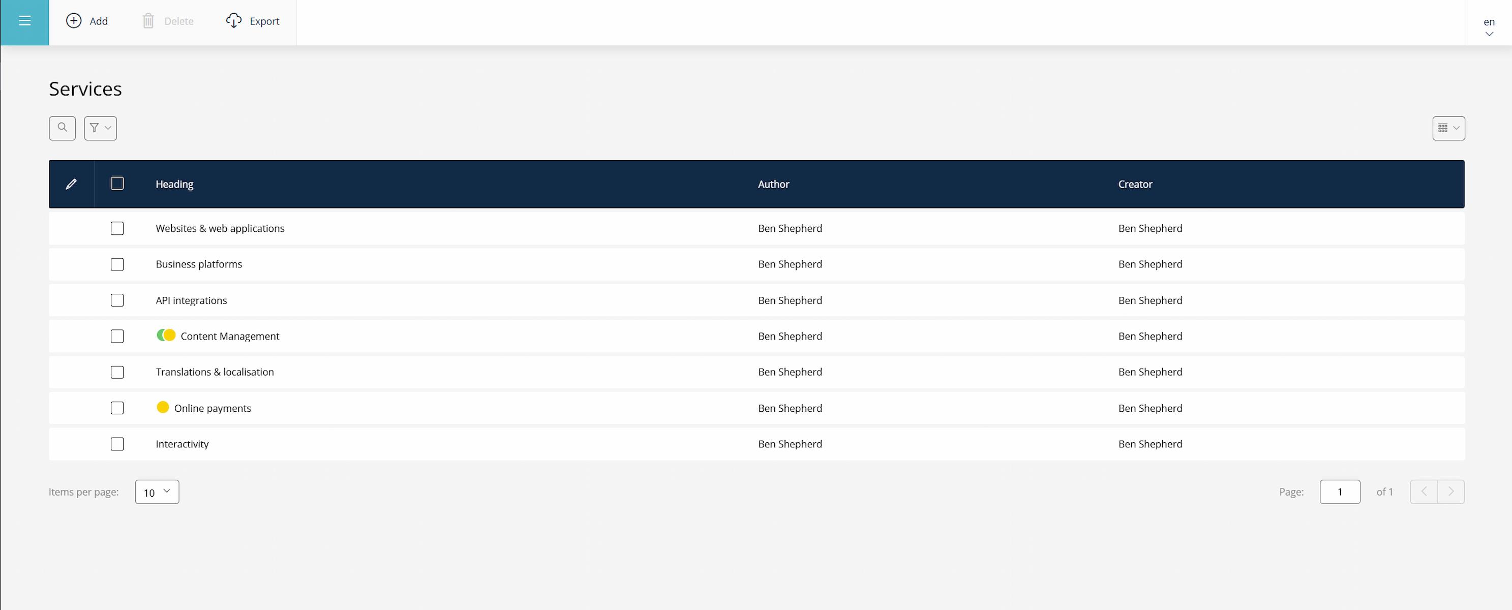 A screenshot of Sulu's dashboard showing a list of services