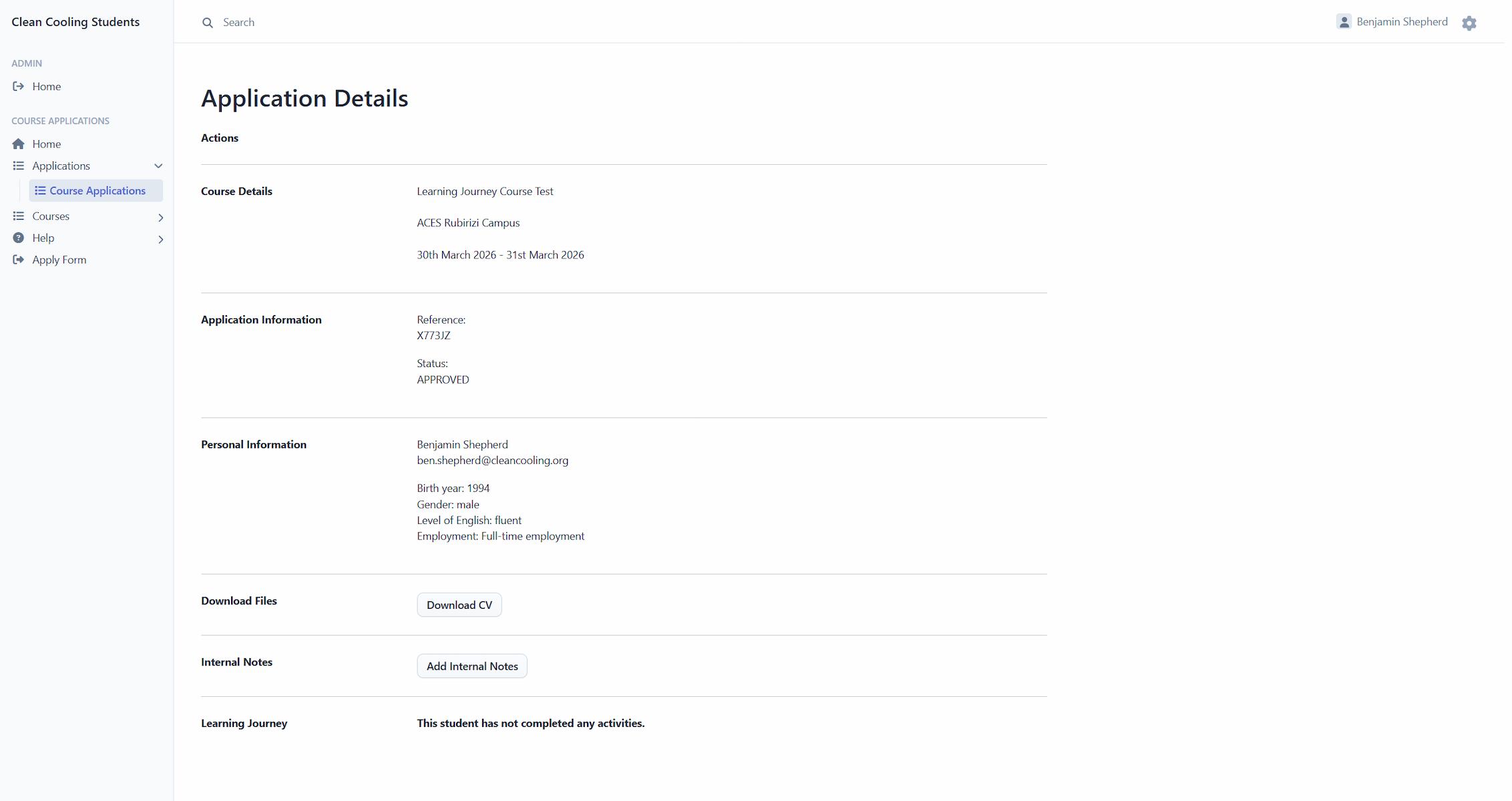 A screenshot of the students dashboard listening an application review
