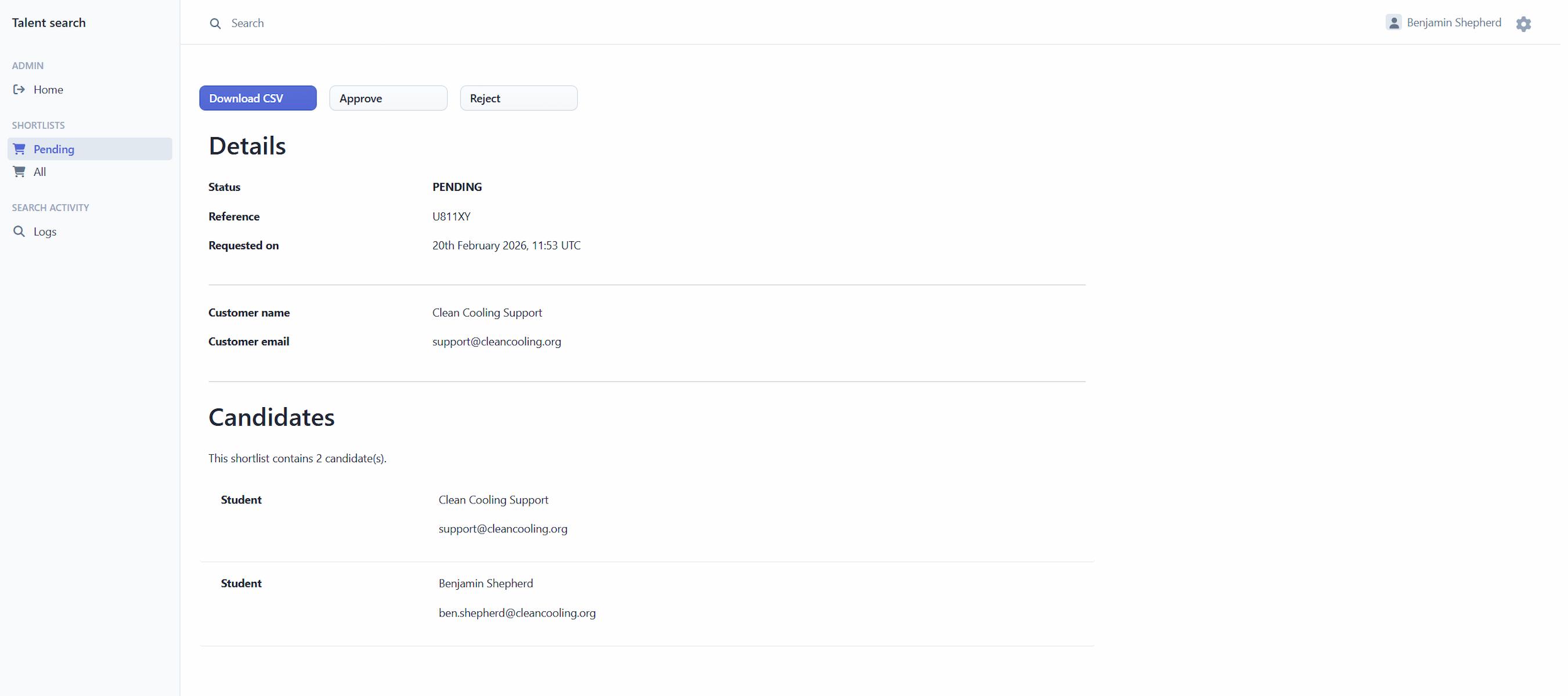 A screenshot of the students dashboard listening a talent search short list