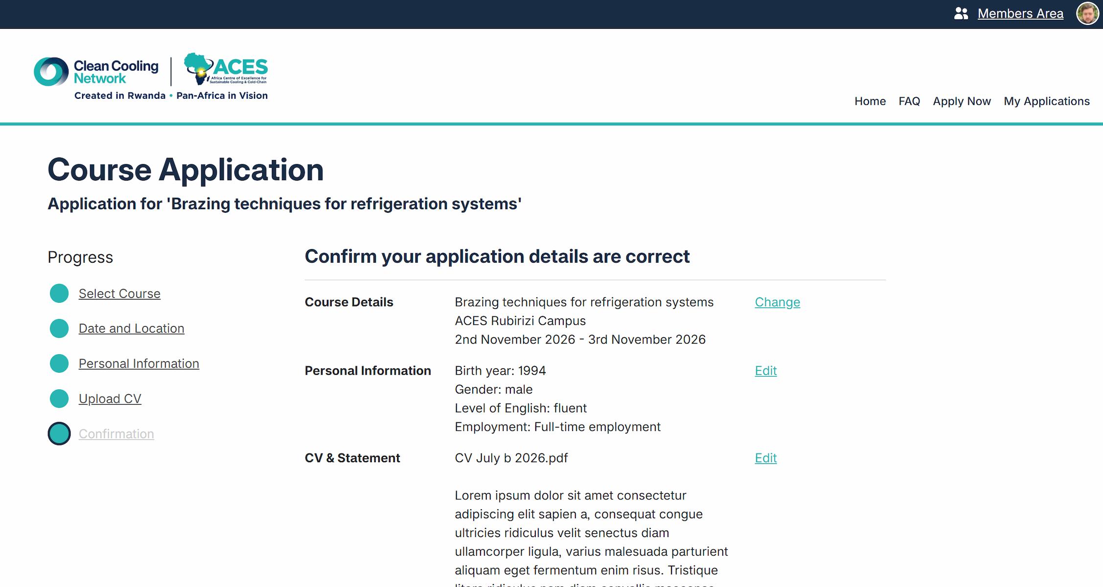 A screenshot of the final step of a student's course application form 