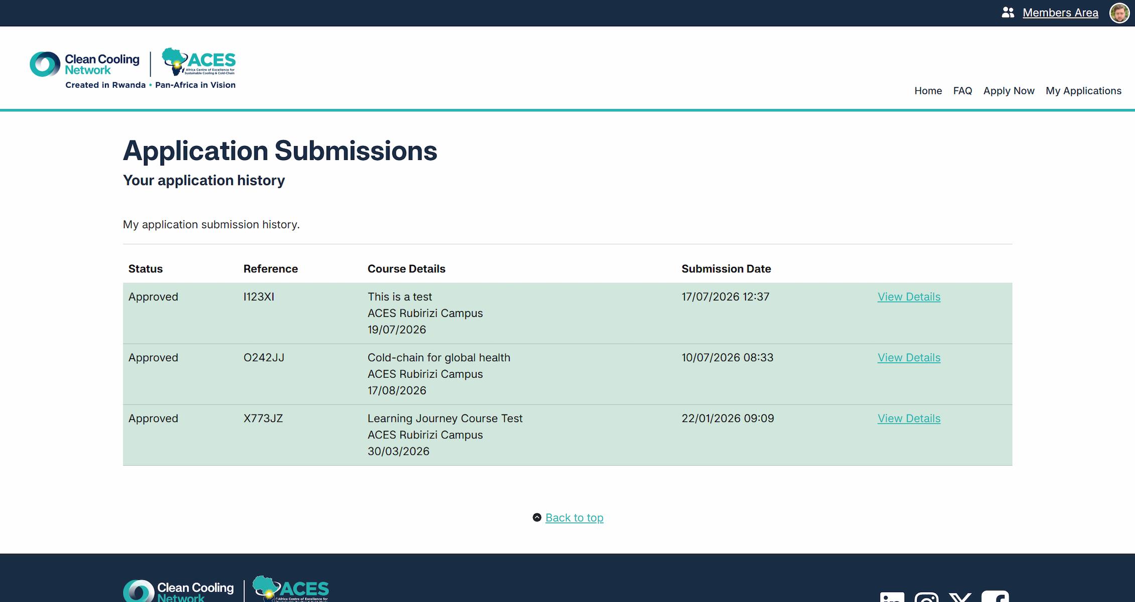 A screenshot of a students previously submitted course applications