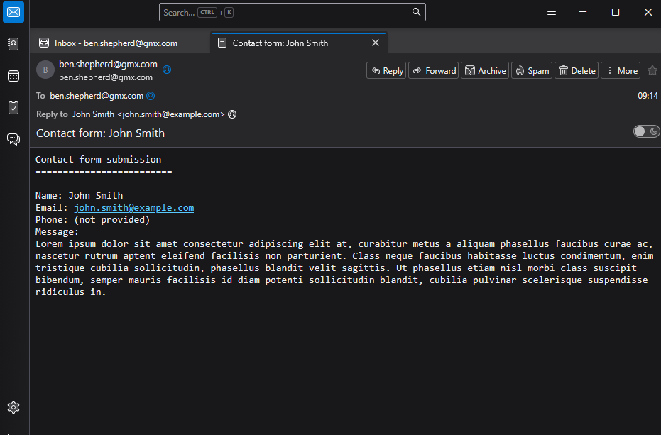 Email received in an email client