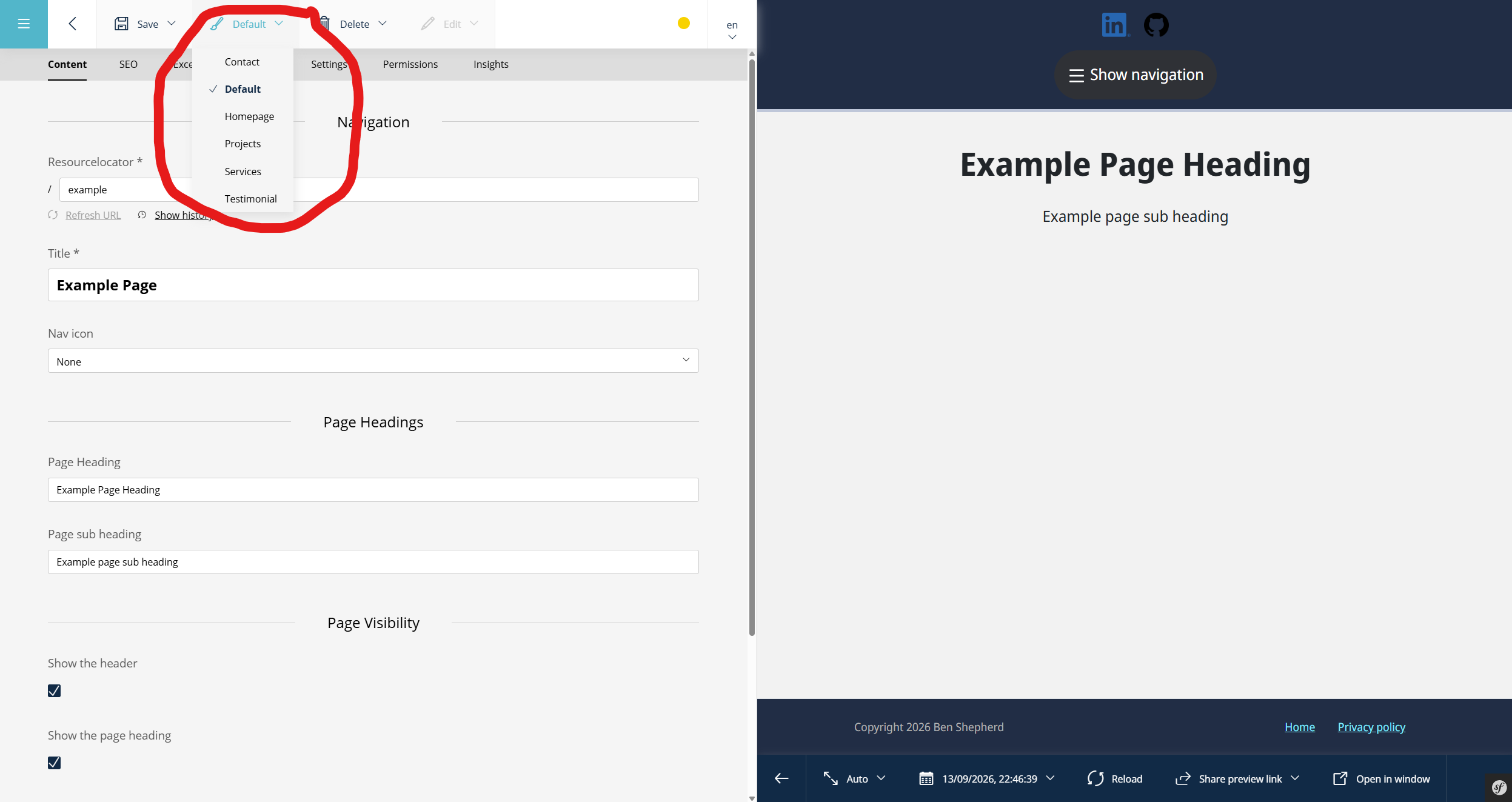 Creating a new page and selecting the template
